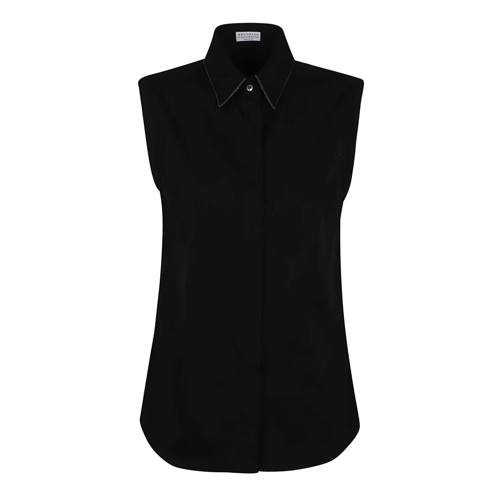 BRUNELLO CUCINELLI Zwarte Stretch Katoenen Popeline Overhemd Black Dames