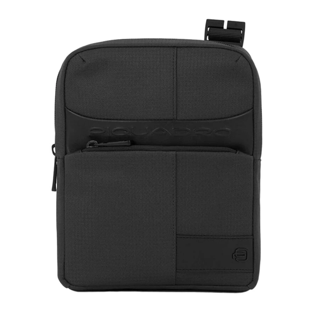 Piquadro Zwarte leren en stoffen crossbodytas Black Heren