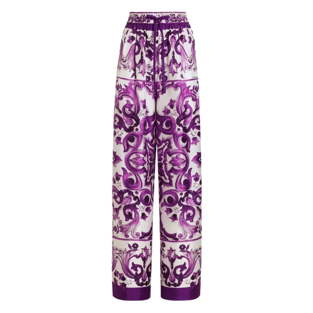 Dolce & Gabbana Women's Purple Wide Trousers, M, Graphic Print Silk Trousers