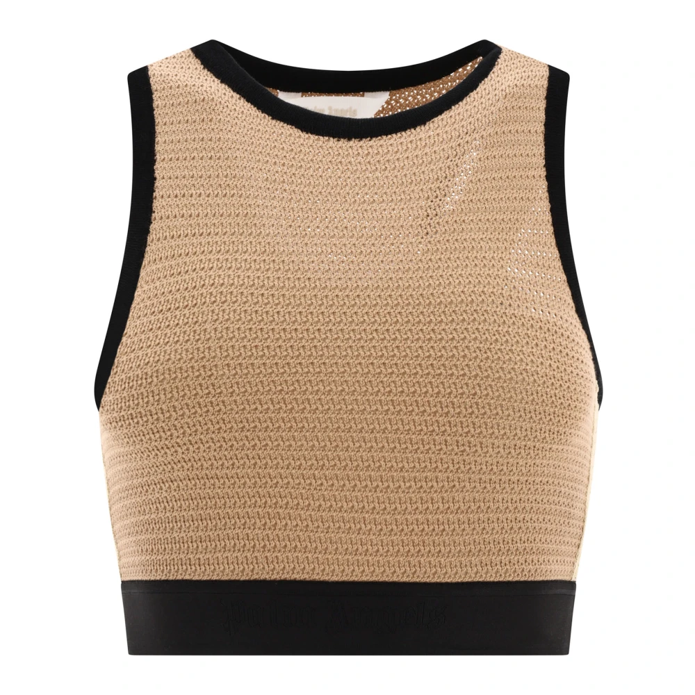 Palm Angels Beige Sleeveless Tops, Female, M, Logo Tape Knit Top