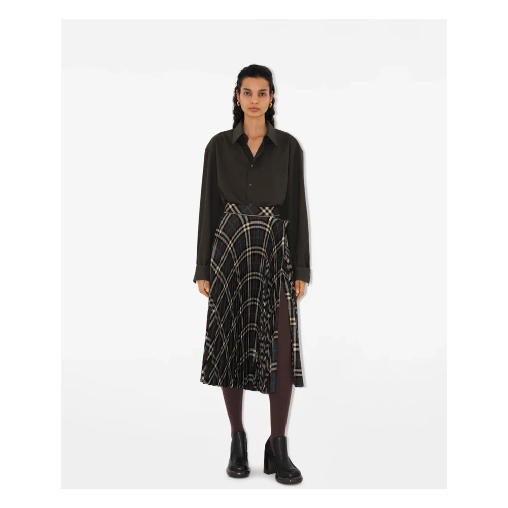 Burberry Groene Wollen Blend Geruite Geplooide Rok Green Dames