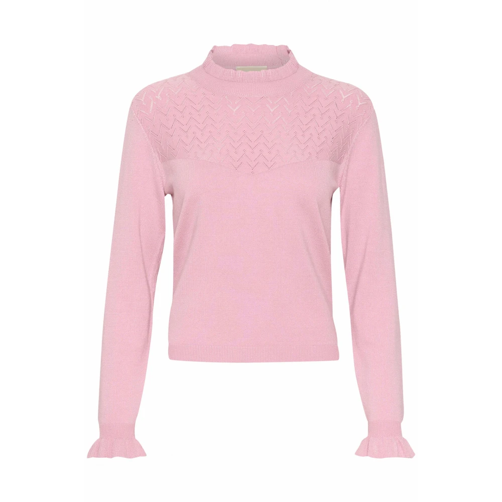 Cream Rosa Stickad Blus med Volanger Pink, Dam