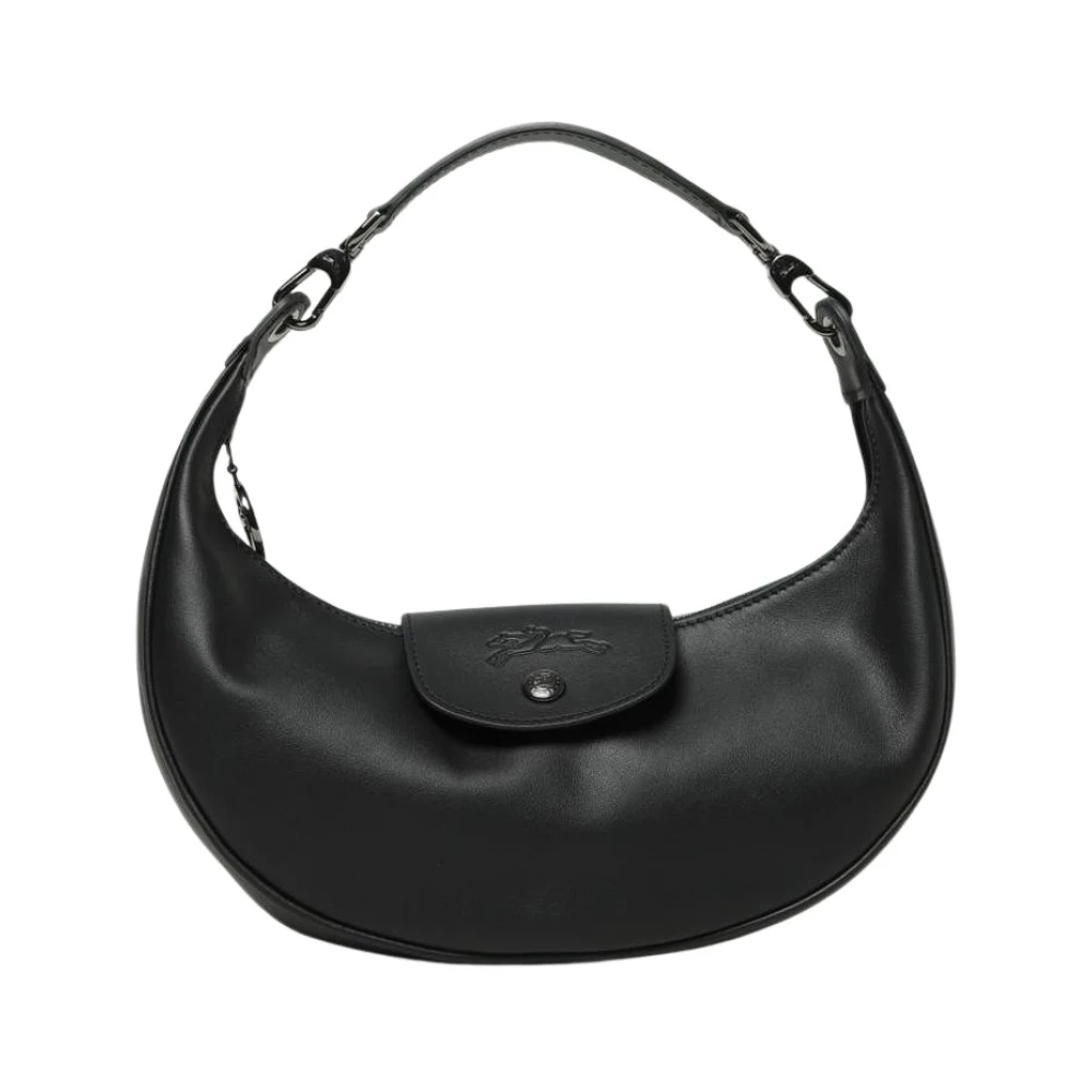Longchamp Women's Black Elegant Leather Handbag With Flap Closure And Adjustable Shoulder Strap