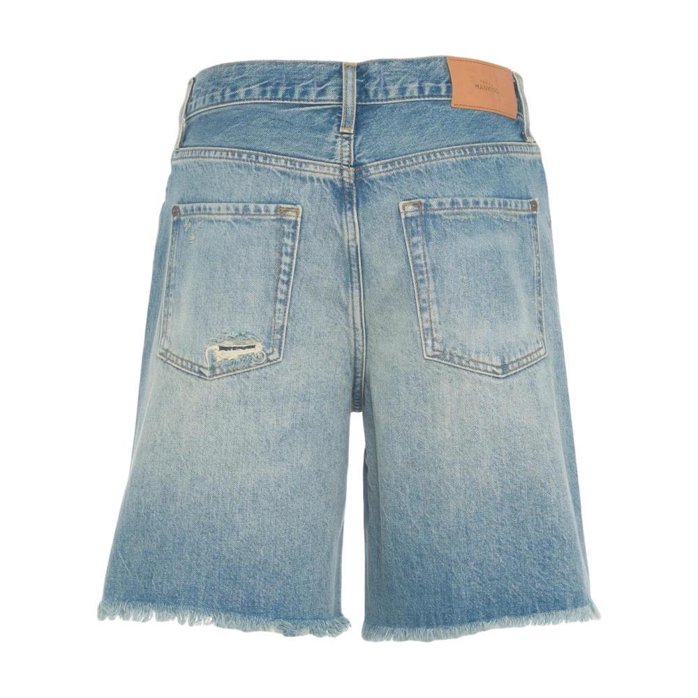 7 For All Mankind Blauwe Denim Fringed Bermuda's Blue Dames