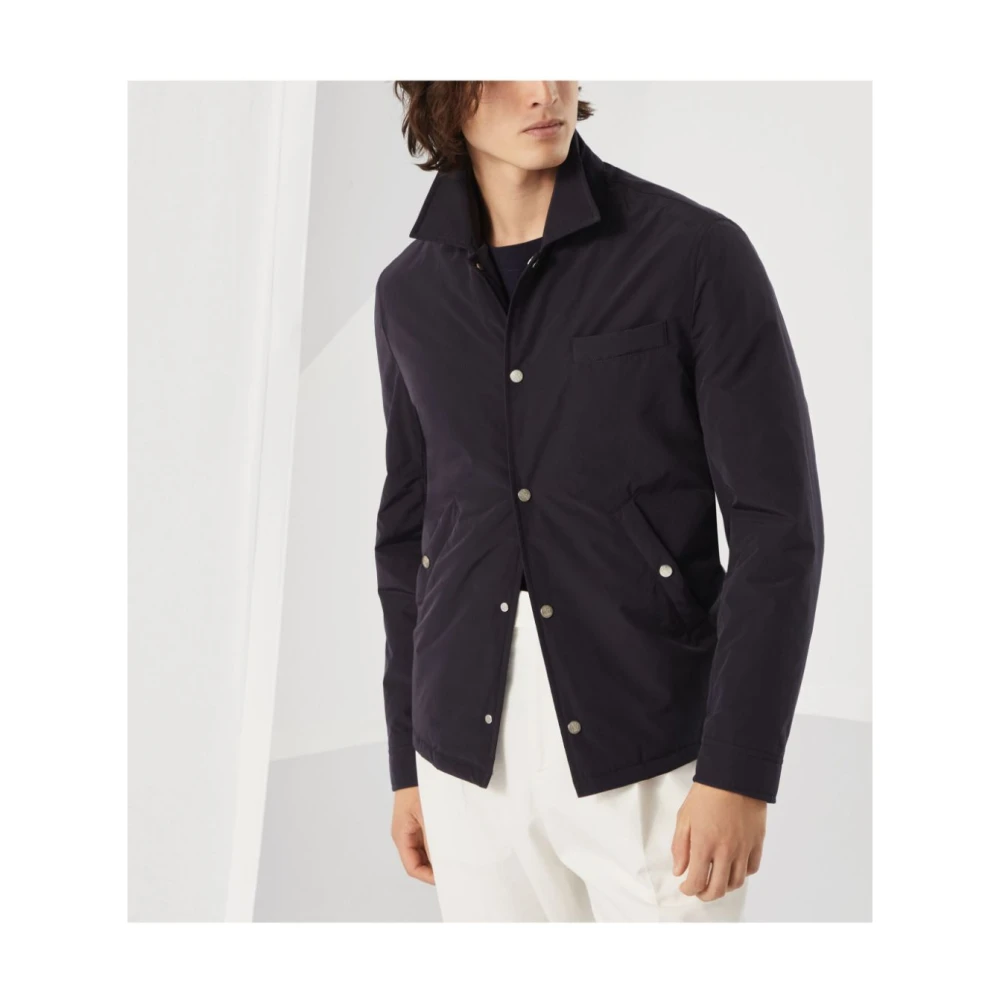 BRUNELLO CUCINELLI Blauwe gewatteerde jas met overhemdkraag Blue Heren