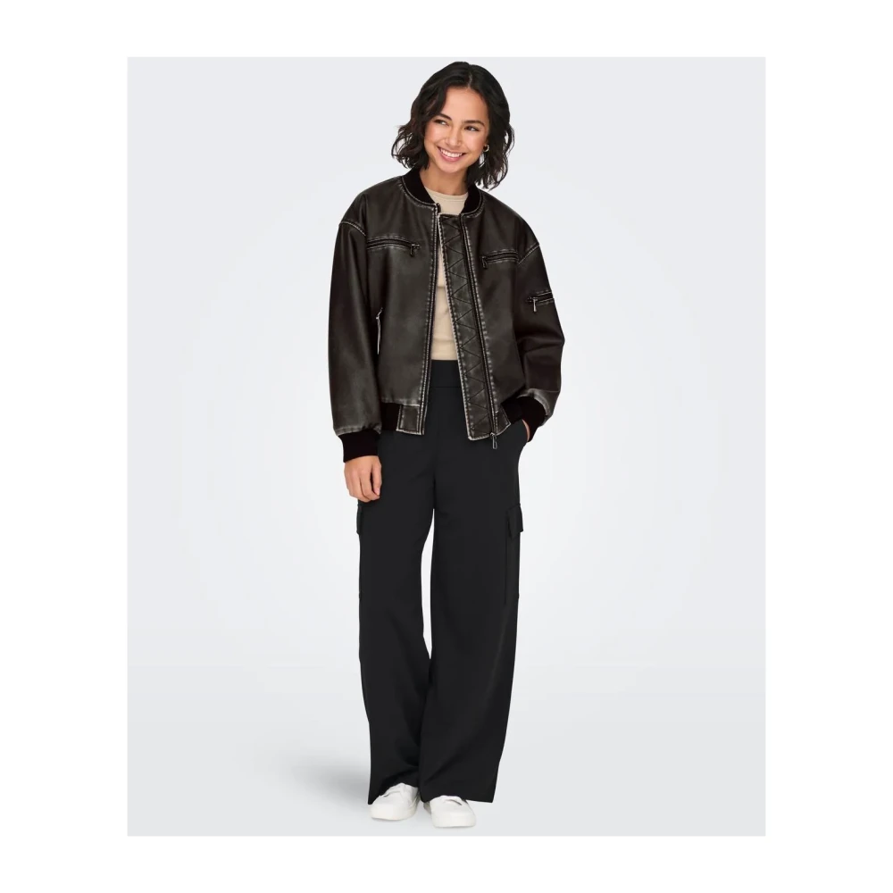 Only Vintage Leren Jas met Ritsmouw Black Dames
