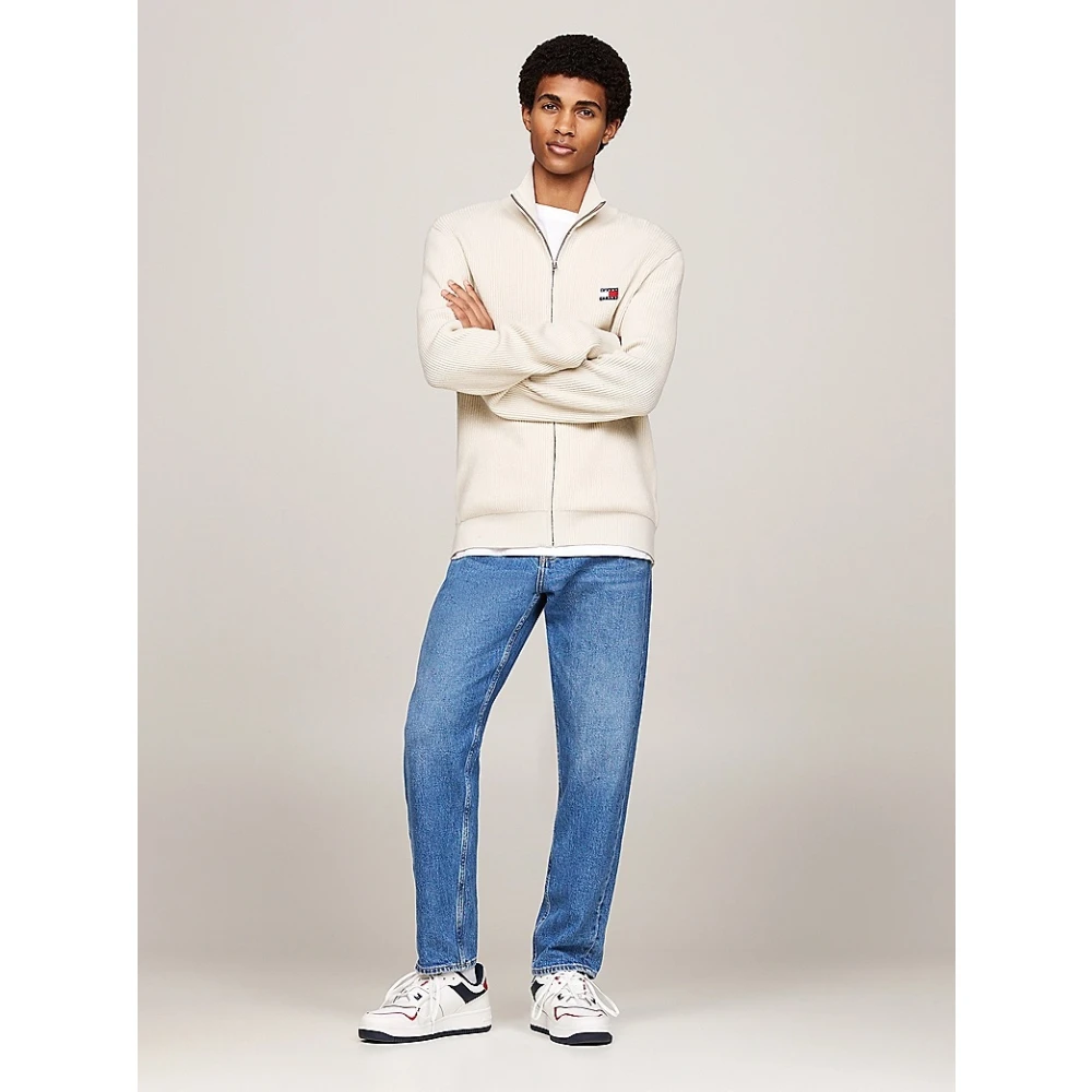 Tommy Jeans Ribgebreide Vest met Rits en Badge Beige Heren