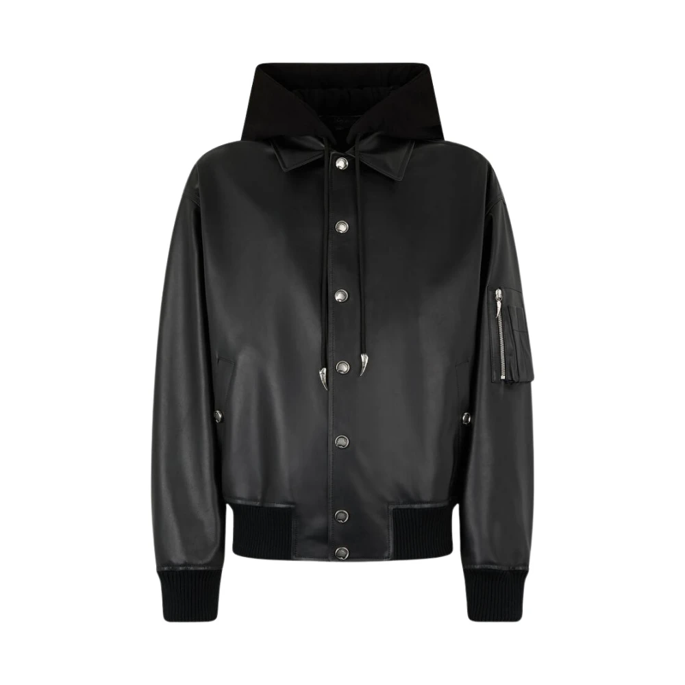 Roberto Cavalli Black Leather Jackets, Male, 2XL, Leather Bomber Jacket With Hood