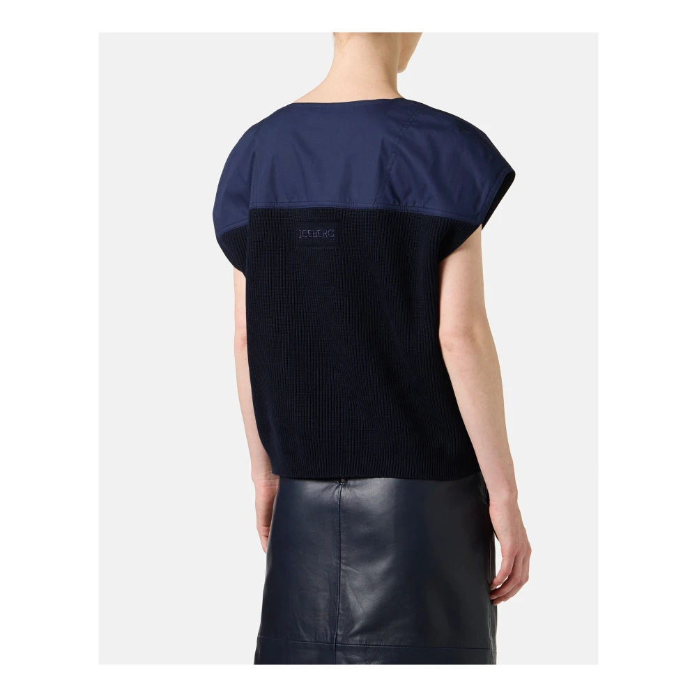 Iceberg Blauwe carry-over ronde hals in katoen met jacquard logostreep Blue Dames