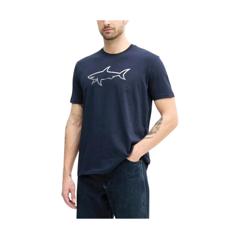 Paul & Shark T-Shirt In Cotton Jersey With Reflective Shark Print - Male - T-Shirts - Blue - Xl - Tops