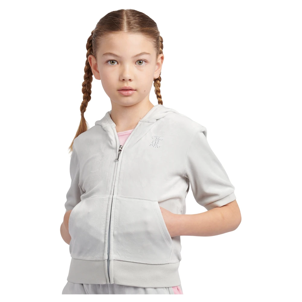 Juicy Couture Girls Gray Kids Sweatshirts, 7 Y, Chic Grey Diamante Logo Zip Hoodie