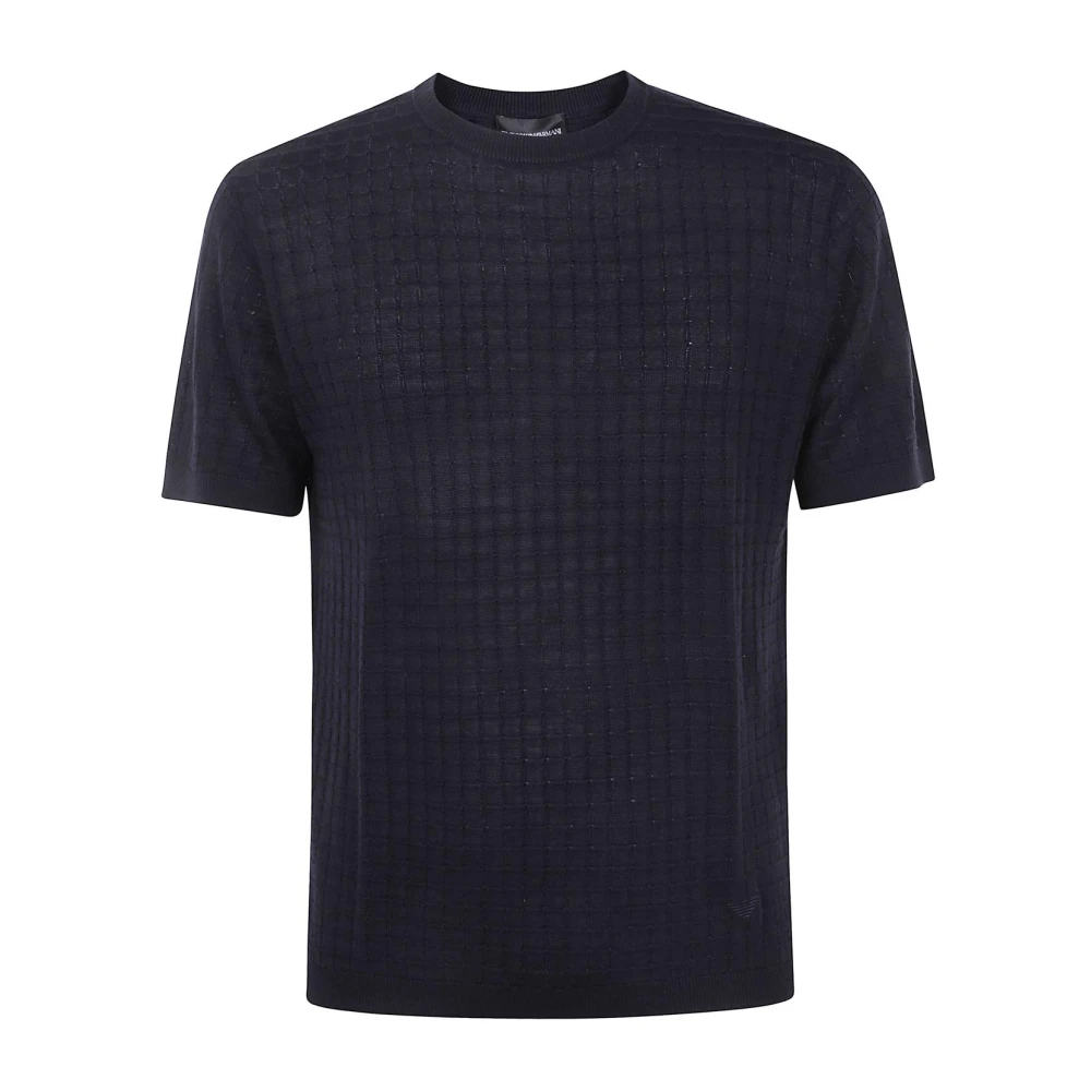 Emporio Armani Mannelijk Blauw T-Shirt Met Structuurgebreide Ronde Hals