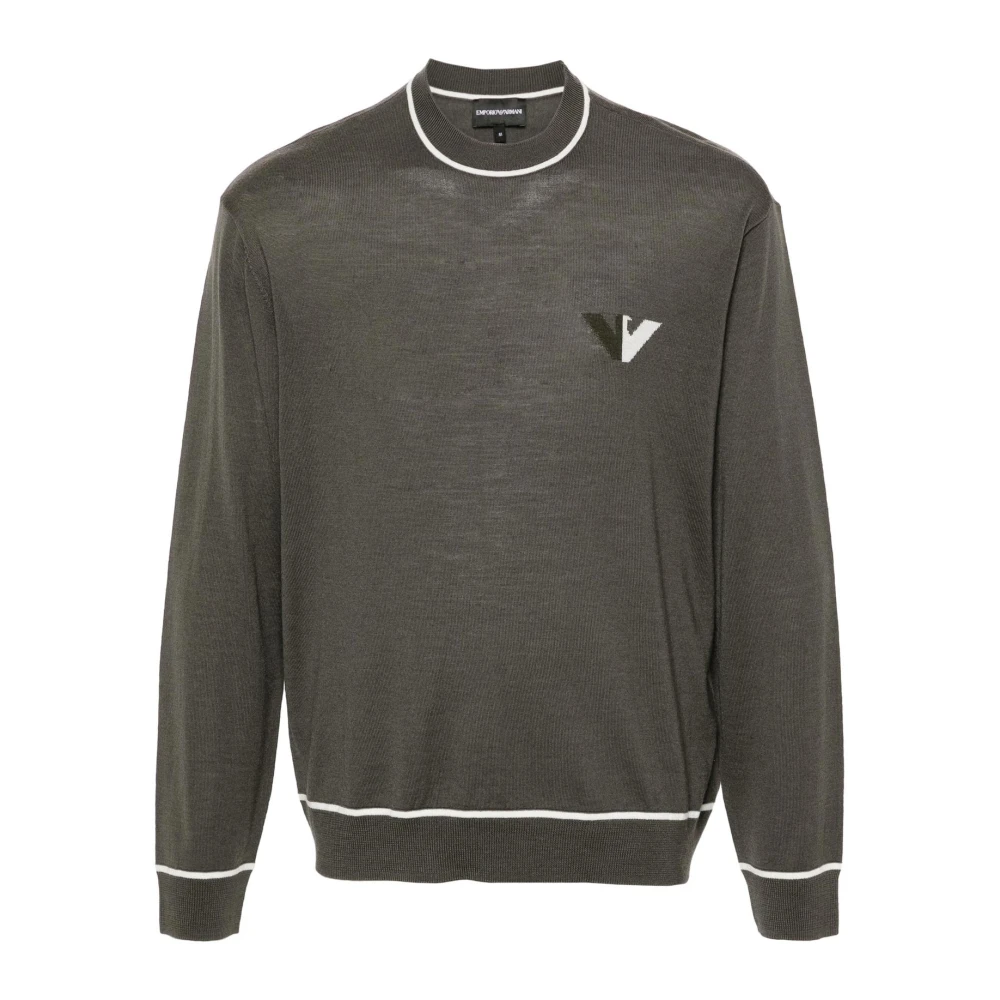 Emporio Armani Wollen Trui Ronde Hals Lange Mouw Geribbeld Logo Gray Heren