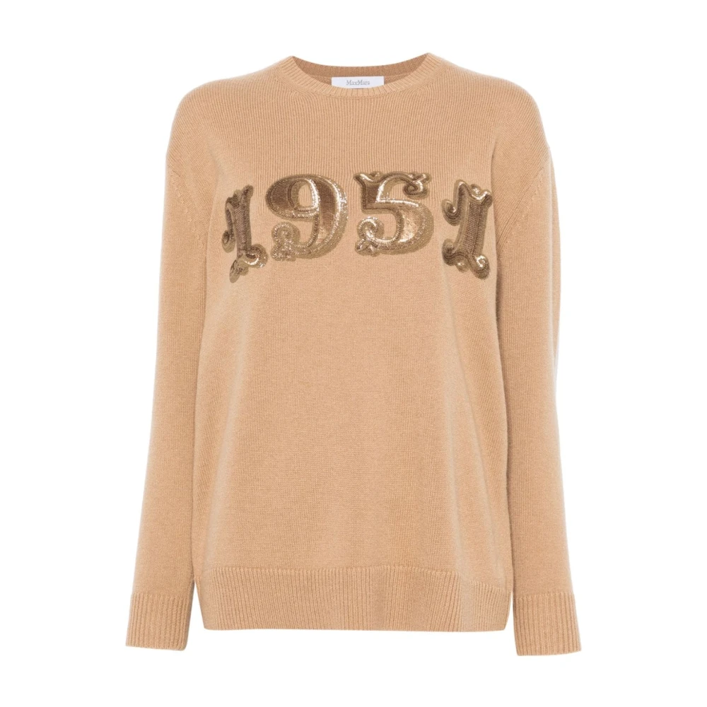 Max Mara Women's Brown Round-Neck Knitwear, S, Camel Wool-Cashmere Jumper With Sequin Detailing