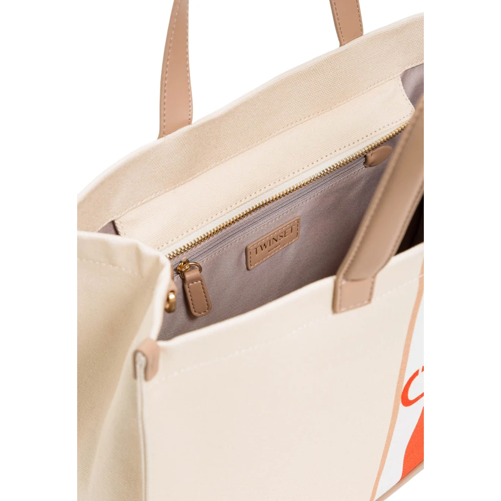 Twinset Canvas Shopper Tas met Logo Print Beige Dames