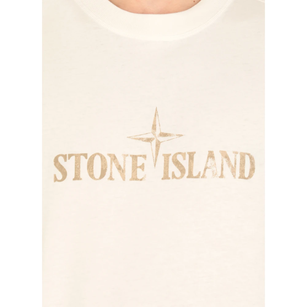 Stone Island Heren Ivory Katoenen T-shirt met Logo Beige Heren