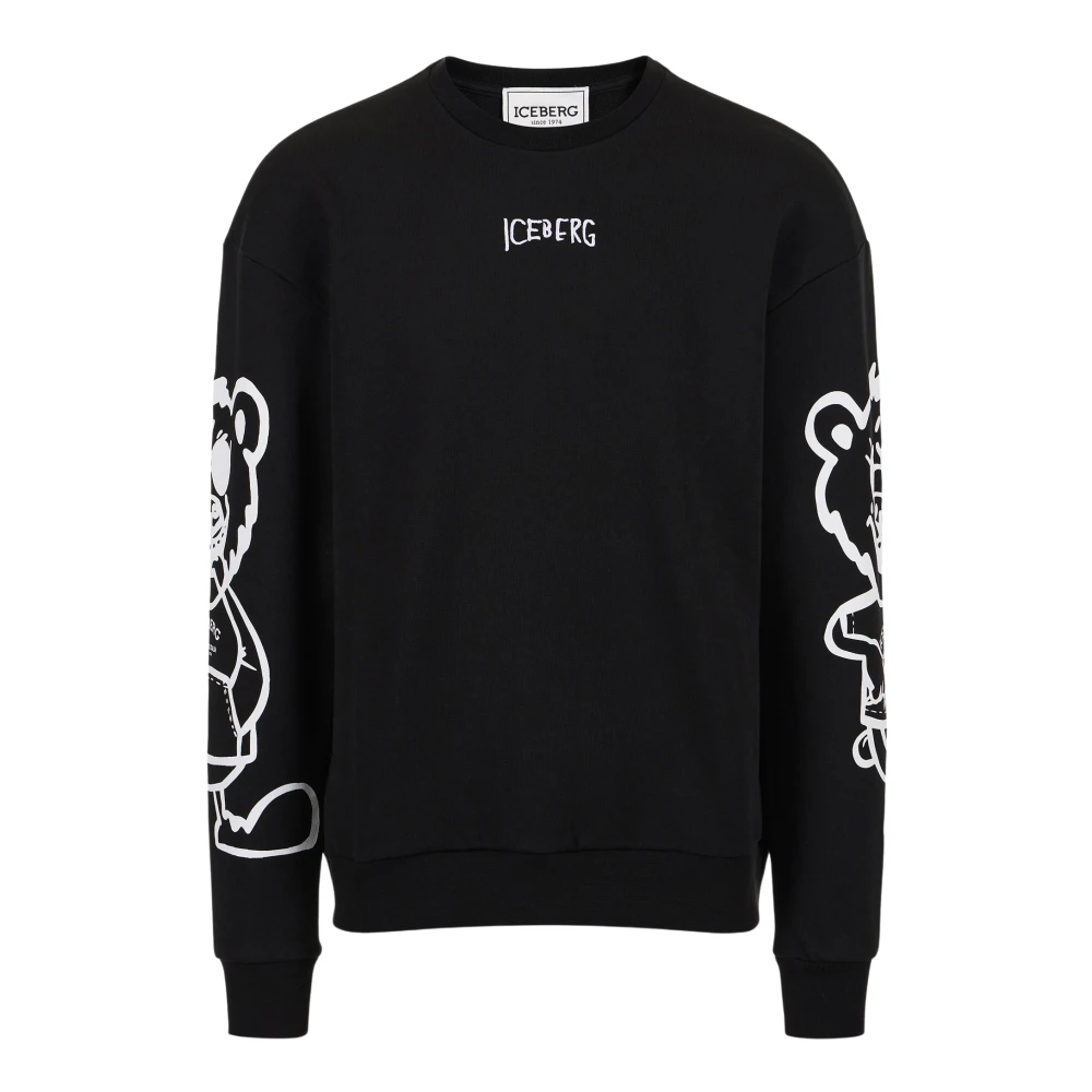 Iceberg Men's Black Regular Fit Crewneck Sweatshirt With Bear Print And Logo Embroidery - Sweatshirts - L - Sweatshirts & Hoodies