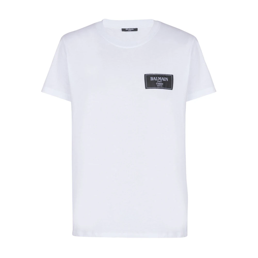 Balmain Men's White Logo Patch Crew Neck T-Shirts