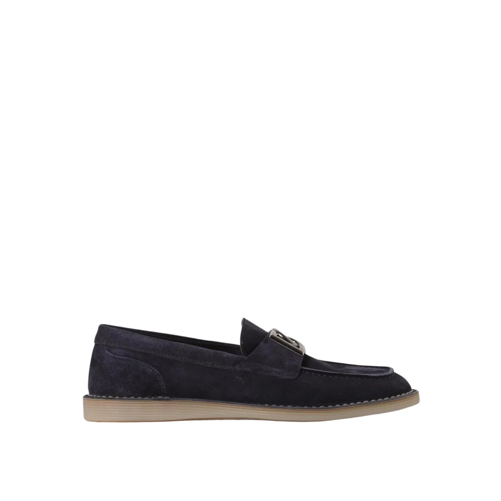 Dolce & Gabbana Men's Blue Suede Loafers With Metal Detailing - Loafers - 9 Uk - Shoes