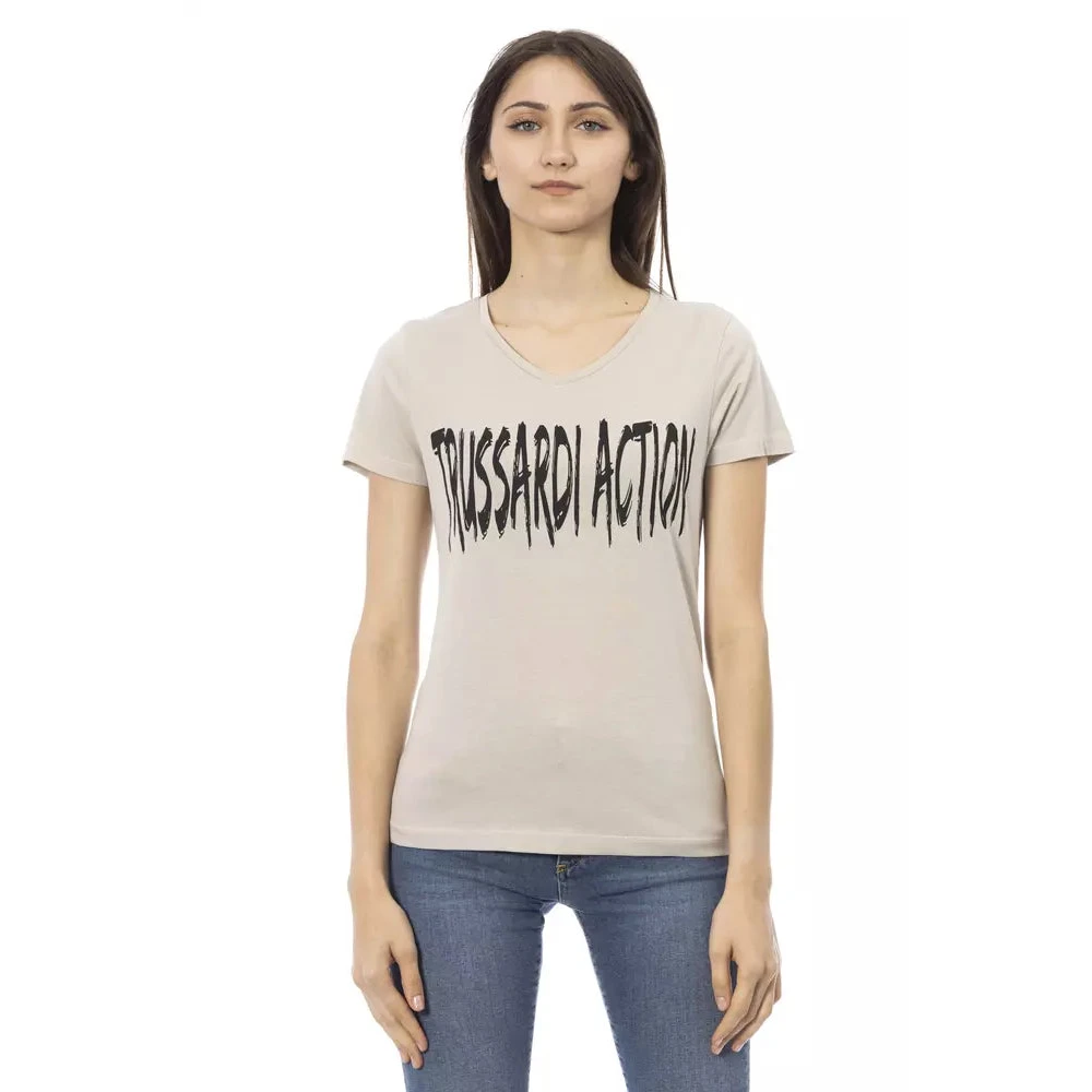 Trussardi Women's Beige T-Shirts, M, Cotton V-Neck T-Shirt With Front Print
