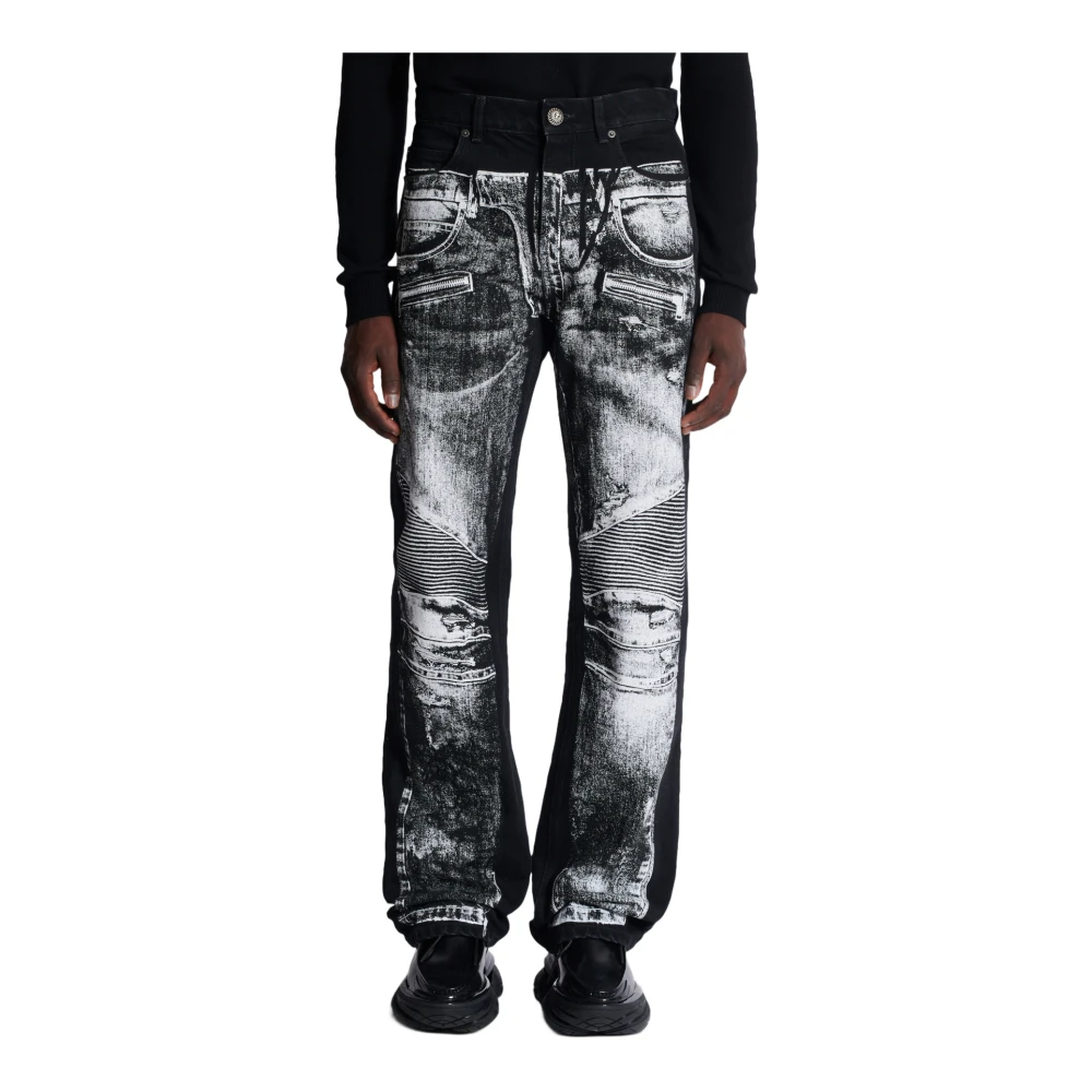 Balmain Wijde denim jeans met een biker-print Black Heren