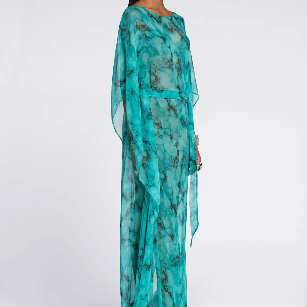 Roberto Cavalli Marmerprint Kaftan Jurk Boothals Blue Dames