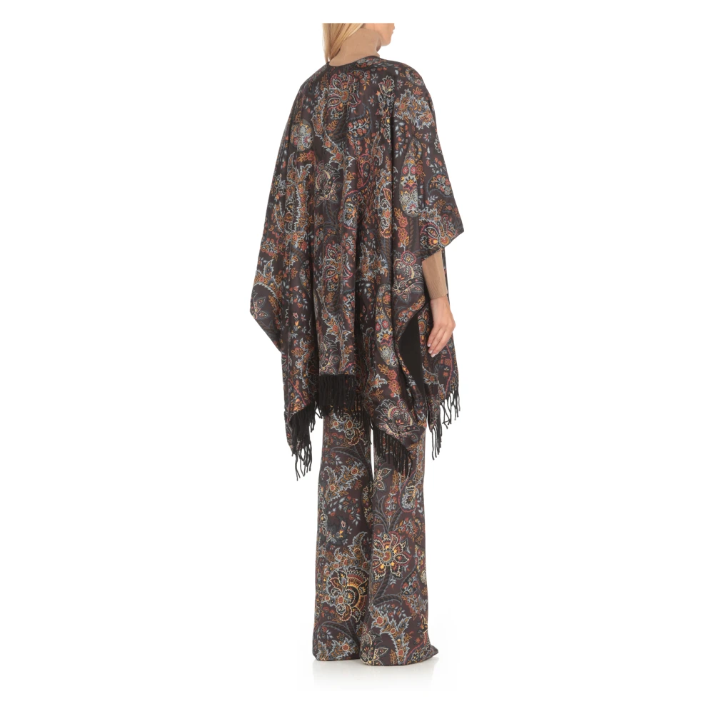 ETRO Zwarte Bloemenponcho met Franjes Multicolor Dames