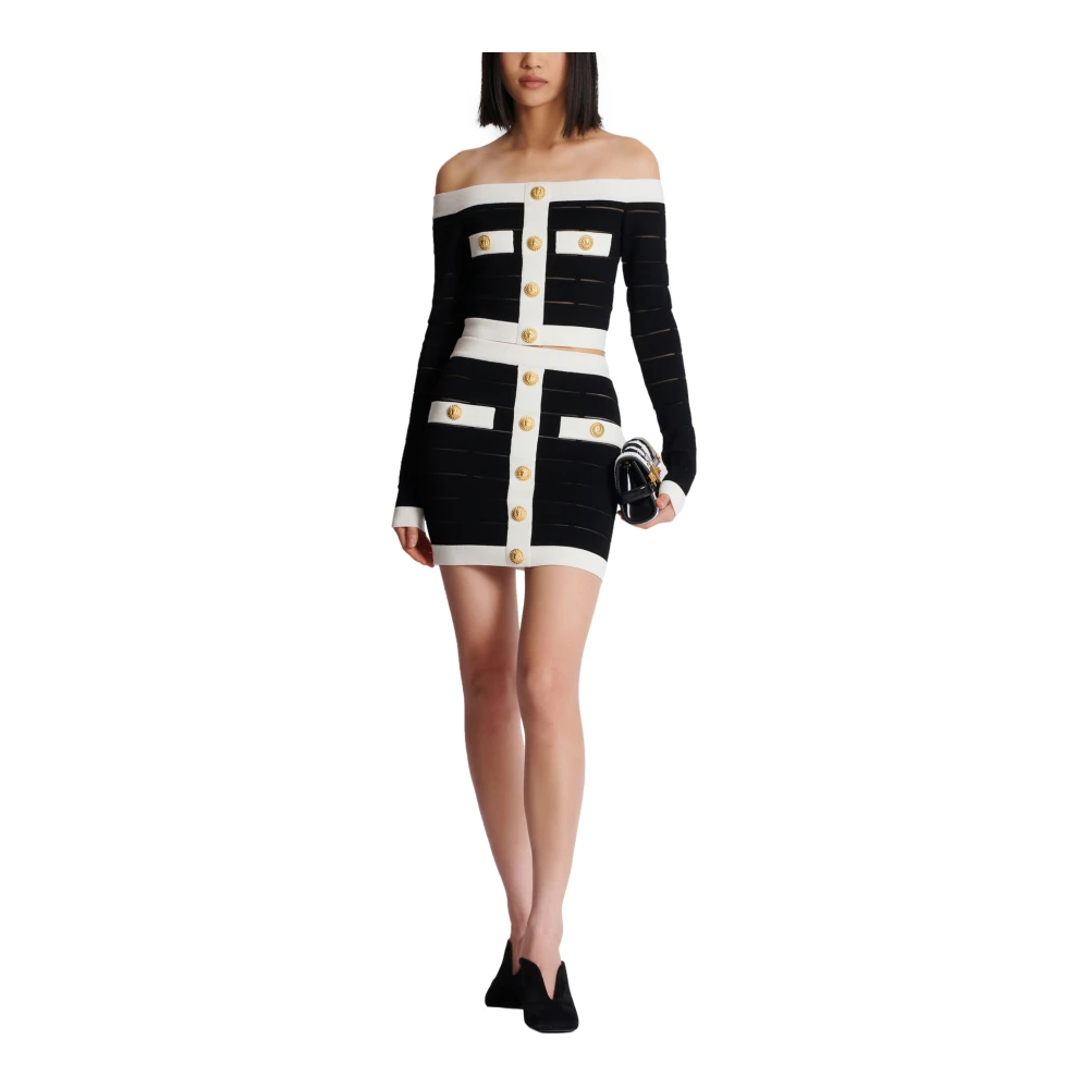 Balmain Tweekleurige Gebreide Rok met Knopen Black Dames