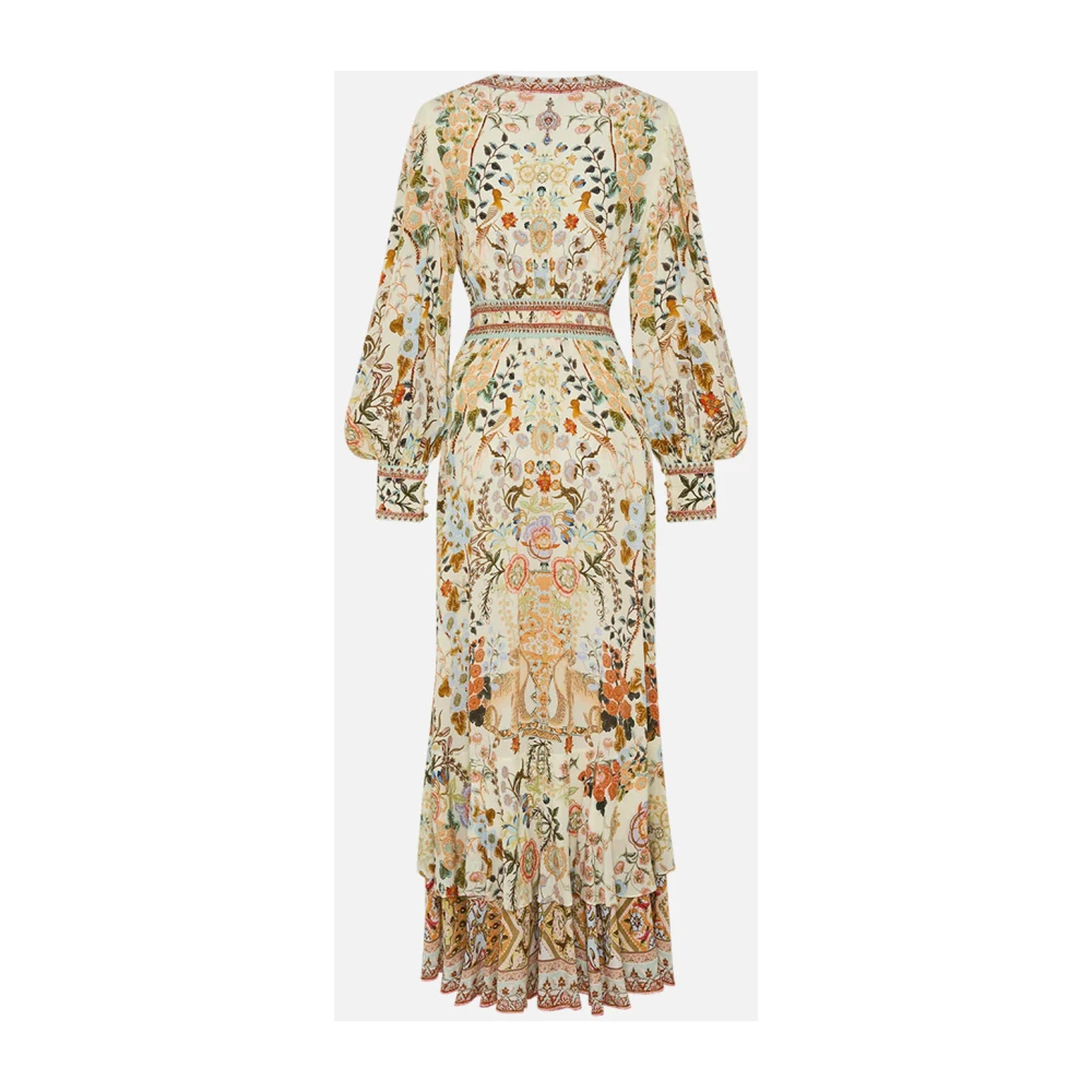 Camilla Zijden Jurk met Lotusbloem Motieven Beige Dames