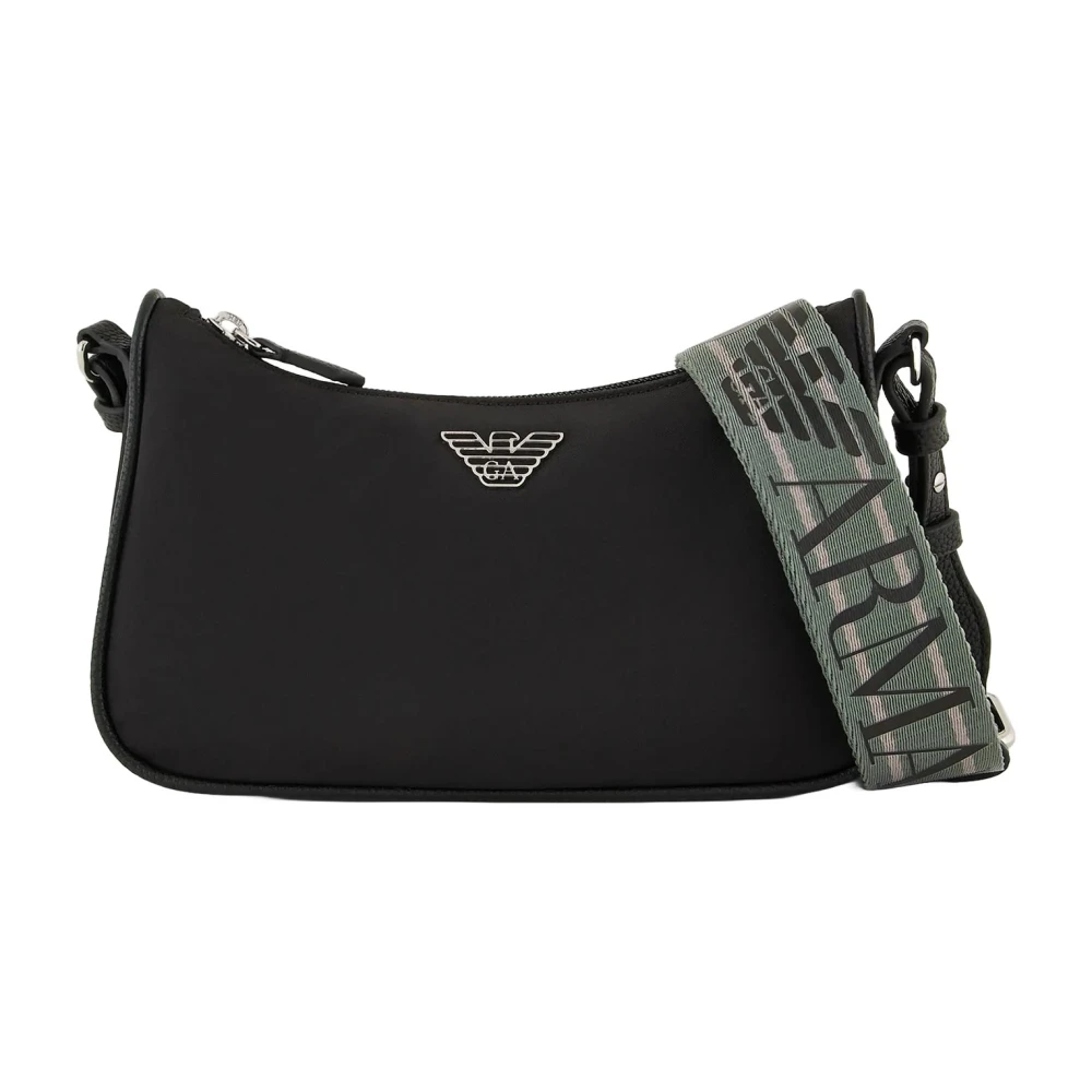 Emporio Armani Zwarte Nylon Adelaar Plaque Schoudertas Black Dames