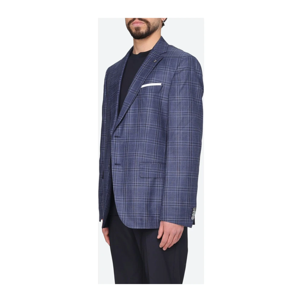 Hugo Boss Geruite wollen linnen jas Blue Heren