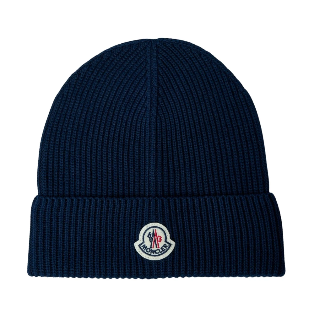 Moncler Logo Patch Beanie Hat van katoenbreisel Blue Heren