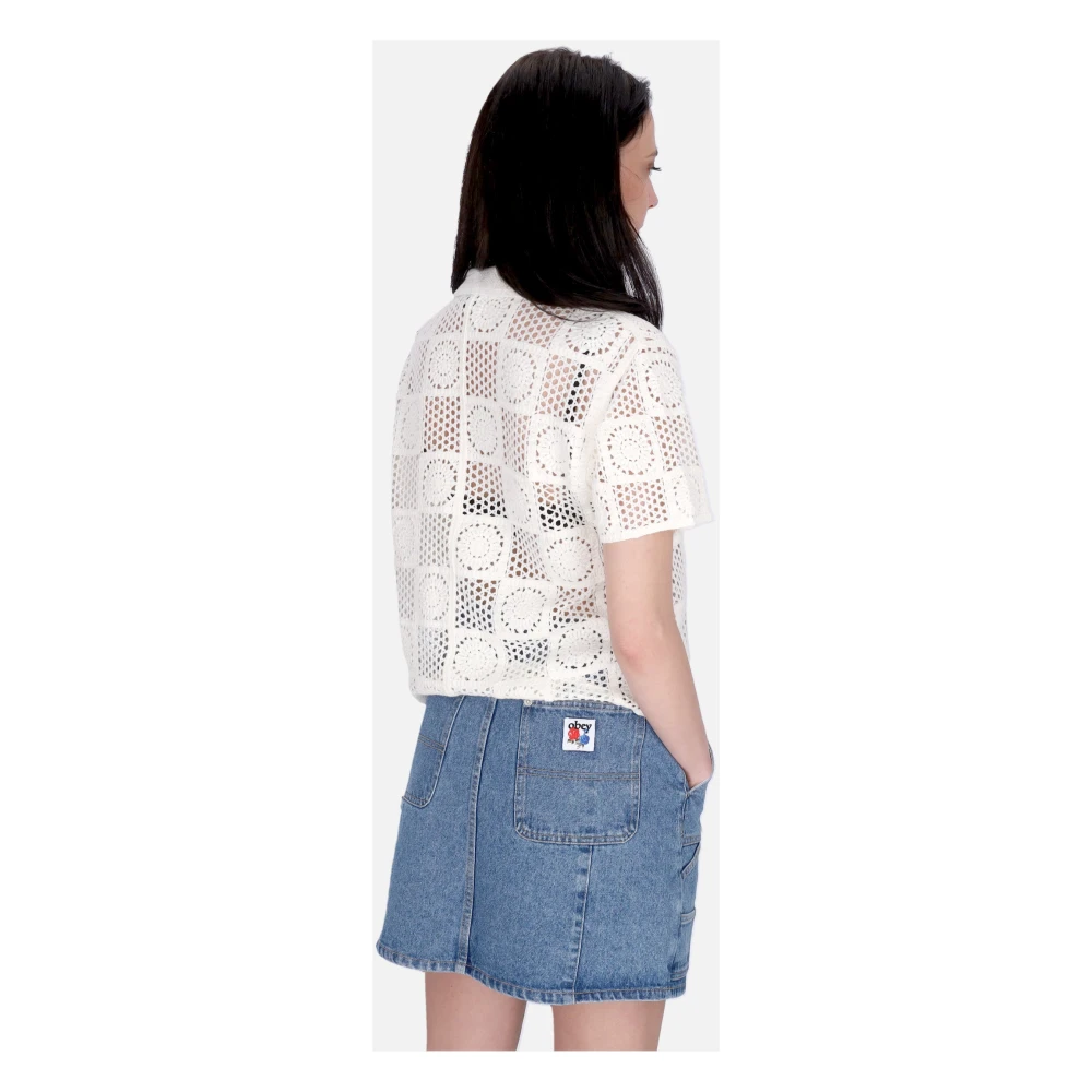 Obey Gehaakte Gebreide Trui Korte Mouw Shirt Beige Dames