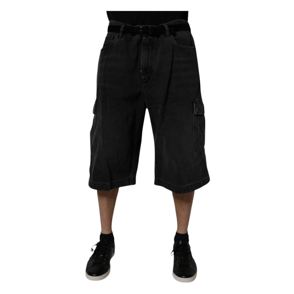 Dolce & Gabbana Men's Black Mid Waist Denim Cargo Bermuda Shorts