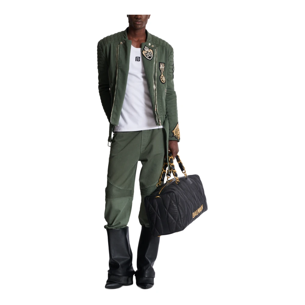 Balmain Denim Biker Jacket met Geborduurde Patches Green Heren