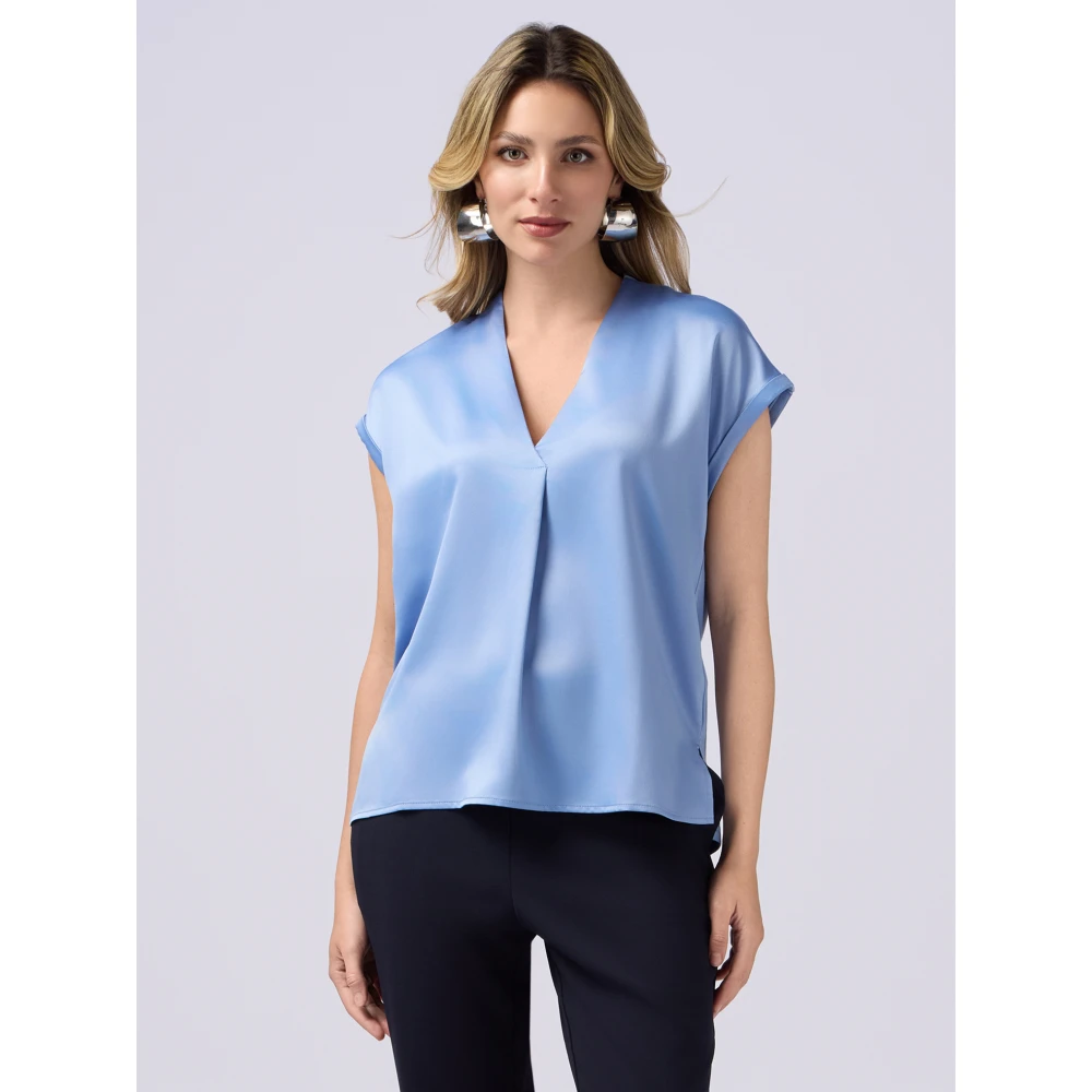 Oltre T-shirt gemaakt van twee verschillende materialen met V-hals Blue Dames