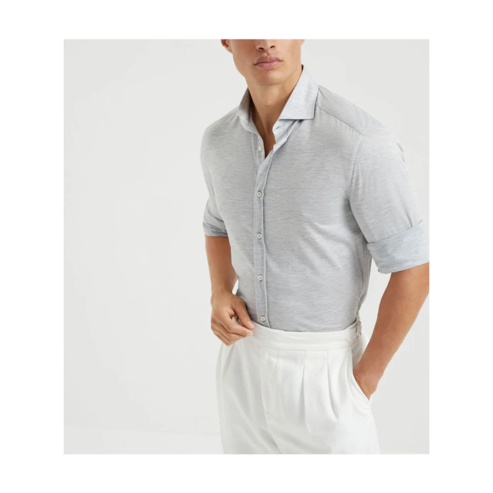 BRUNELLO CUCINELLI Zijden en Katoenen Jersey Shirt Gray Heren