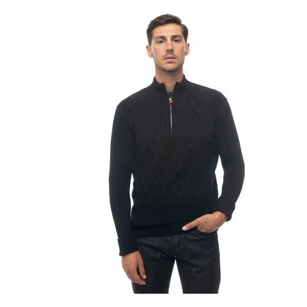 Kiton Svart Cashmere Intarsia Cardigan Black, Herr