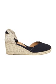 Granatowe Espadryle na Koturnie z Falbankami