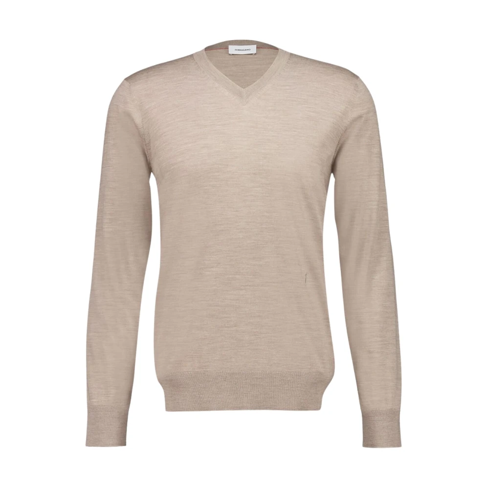 Ferragamo Men's Beige V-Neck Knitwear, M, Virgin Wool V-Neck Jumper
