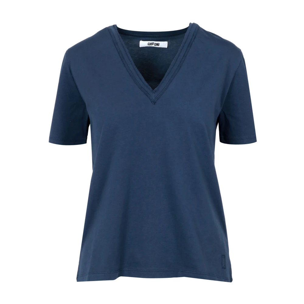 Mauro Grifoni Blauw V-Hals Katoenen T-Shirt Blue Dames