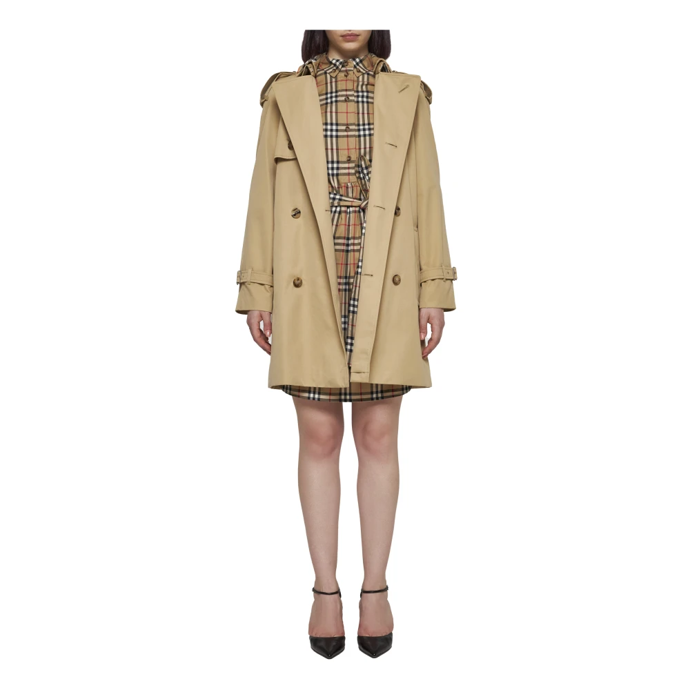 Burberry Korte Trenchcoat met Ruitdetails Beige Dames