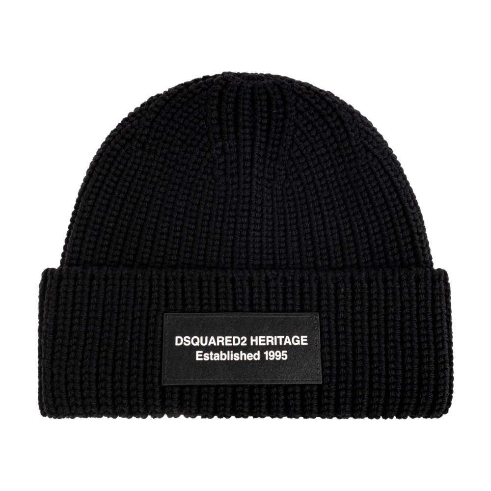 Dsquared2 Mannelijk Zwart Accessoires Heren, One Size, Wol, Logo Patch Muts