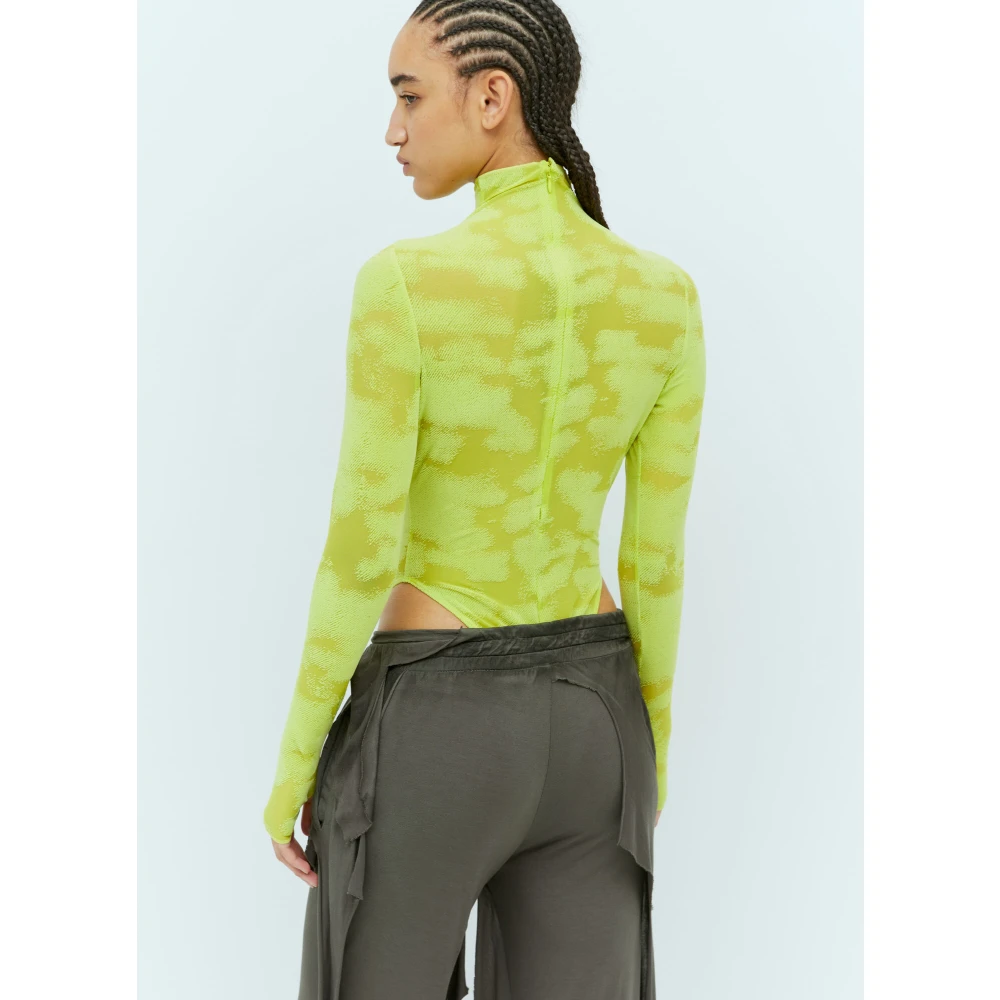 Diesel Mesh Longsleeve Bodysuit met Logo Patch Green Dames