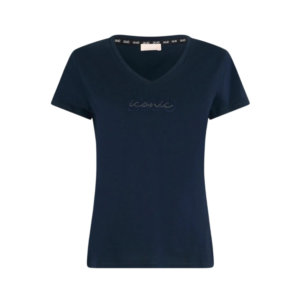 Liu Jo Women's Blue T-Shirts, Xs, Cotton T-Shirt With Rhinestone Logo