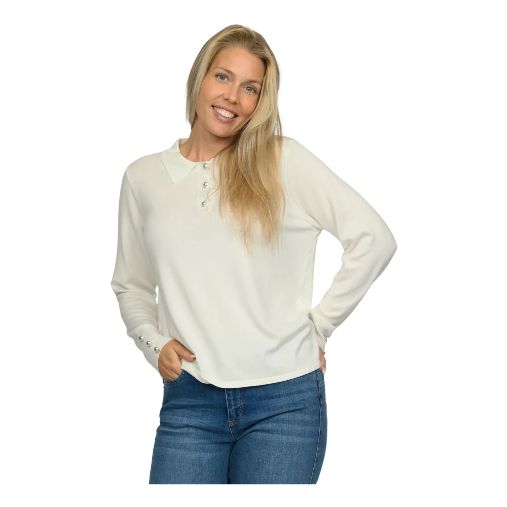 2-Biz Crème Liona Trui met Kraag en Parels Beige Dames