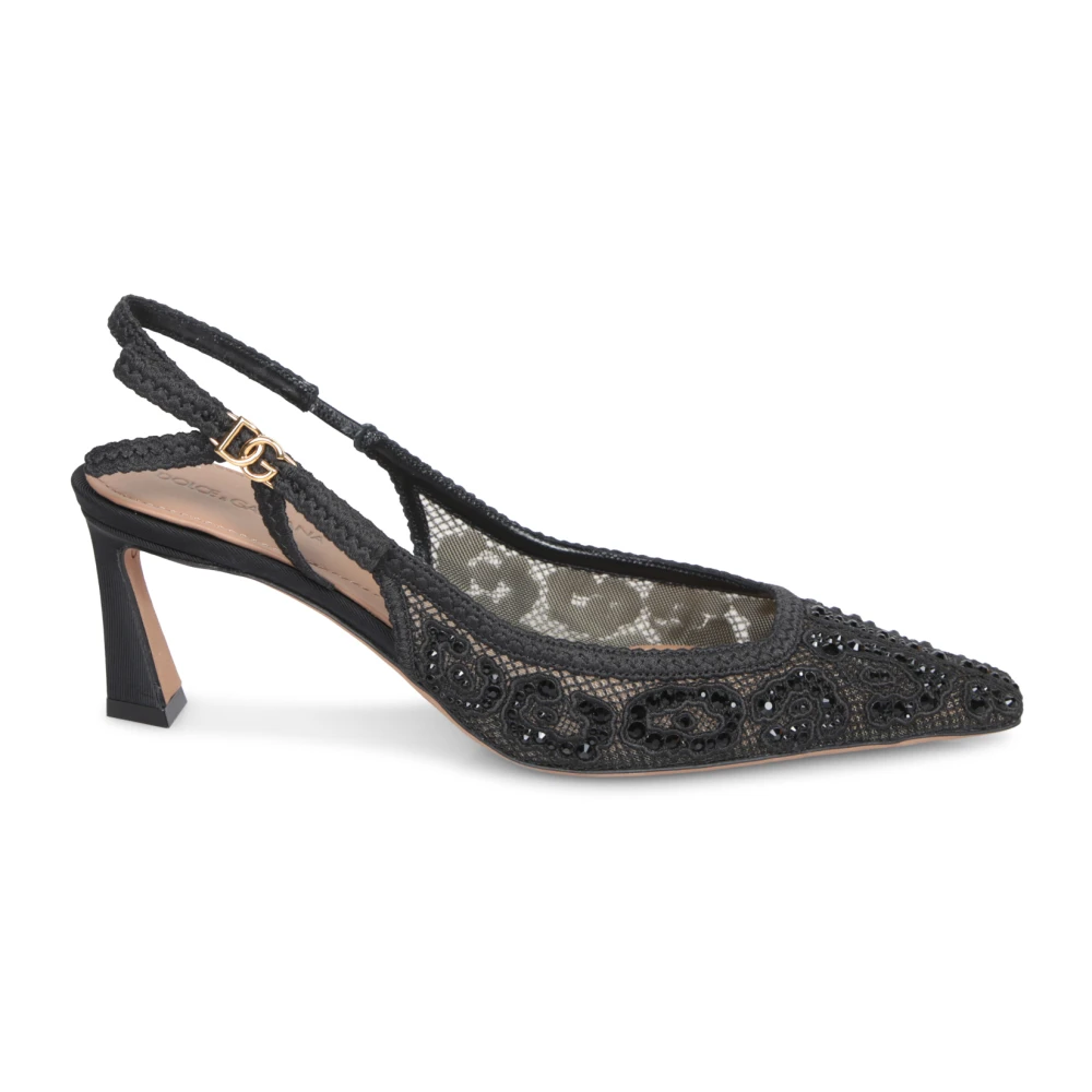 Dolce & Gabbana Vrouw Zwart Schoenen Dames, 38 Eu, Katoen, Luipaard Kant Slingback Hakken