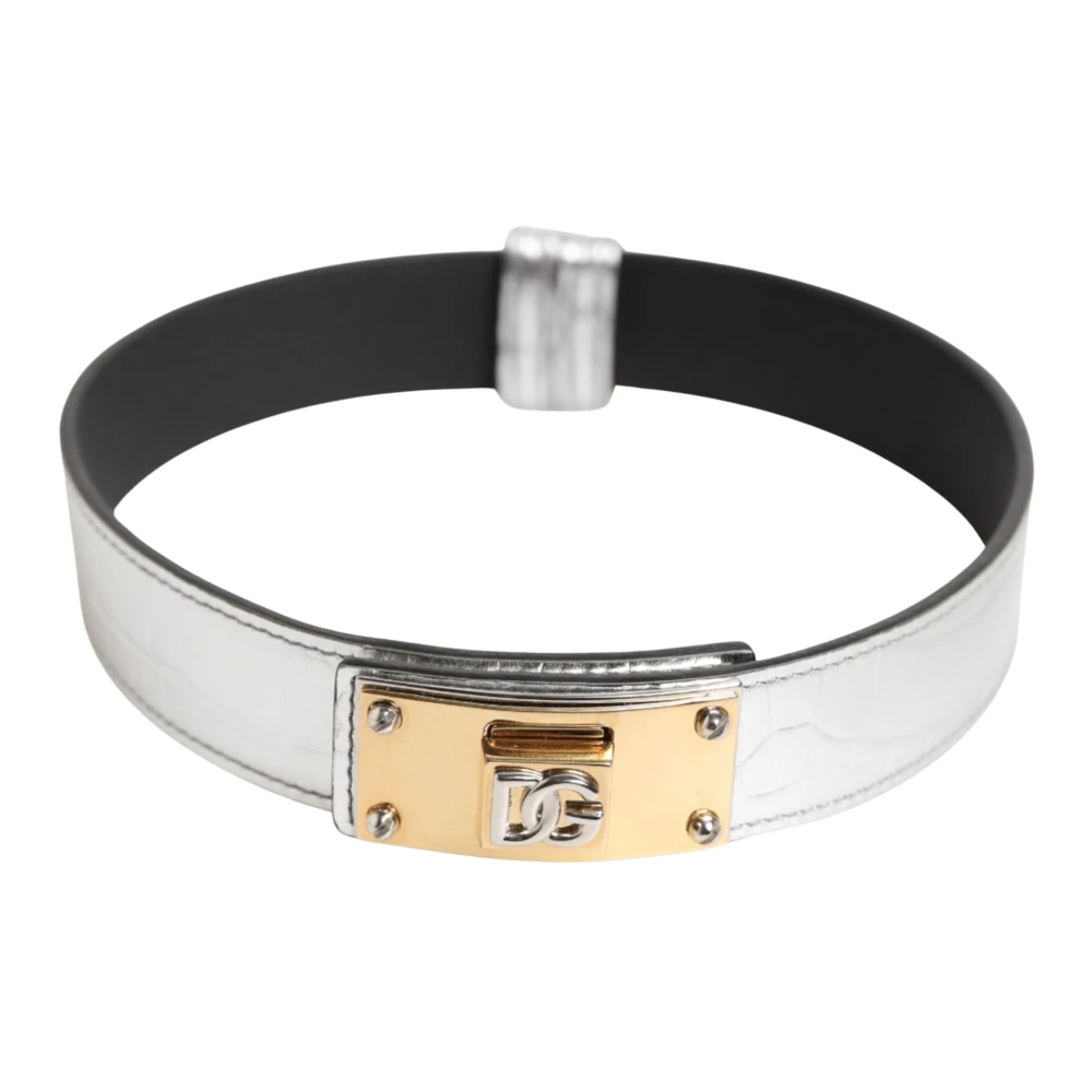 Dolce & Gabbana Textured Leather Gold Tone Metal Neckband - Male - Belts - Gray - One Size - Accessories - Image 3