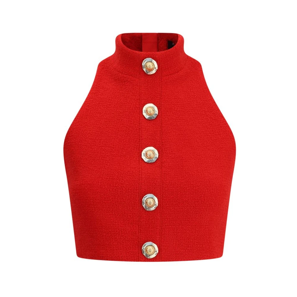 Balmain Red Bouclé Wool Crop Top - Female - Sleeveless Tops - Xs - Tops