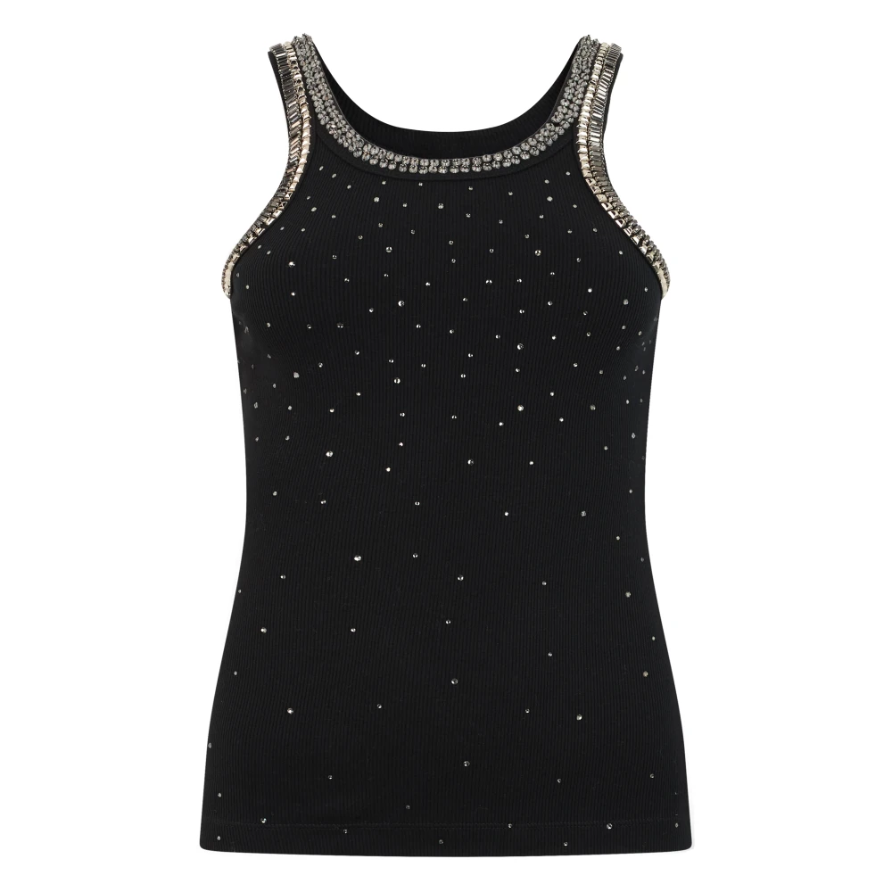 Pinko Vrouw Zwart Tops Dames, M, Katoen, Ribbed Top Met Sierlijke Versiering